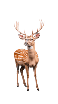 Young fawn with growing antlers standing alert on transparent background png