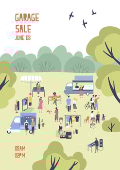 Modern flyer or poster template for garage sale or outdoor festival with food trucks, walking people, men and women buying and selling goods at park. Flat cartoon illustration for event promo. vector