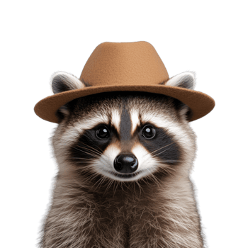 Cute raccoon wearing brown hat on transparent background png