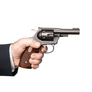 Hand holding silver revolver pointing to the side on transparent background png