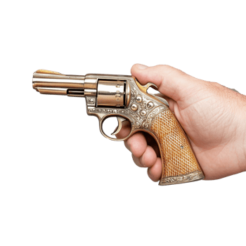 Hand holding classic revolver with wooden grip on transparent background png