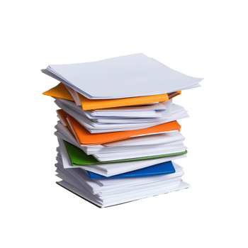 Stack of documents and file folders with assorted colors on transparent background png