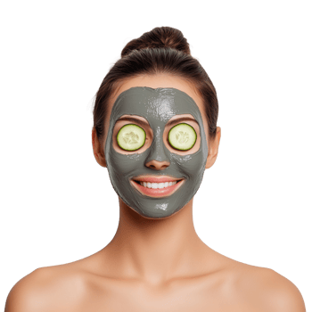 Woman with green clay facial mask and cucumber slices on eyes on transparent background png