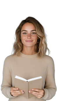 Smiling young woman holding a white book on transparent background png