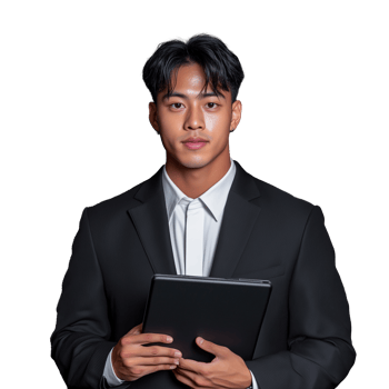 Young man in suit holding a tablet on transparent background png