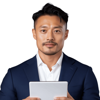 Businessman in blue suit holding tablet with confident expression on transparent background png