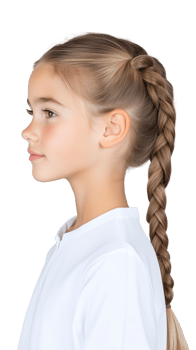 Profile of young girl with braid in white shirt on transparent background png