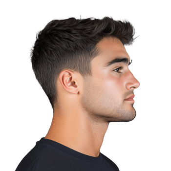 Side view of young man with short dark hair on transparent background png