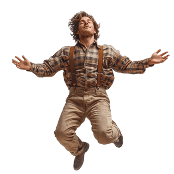 Man in Plaid Shirt and Suspenders Jumping on Transparent Background png
