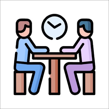 Two people sitting at a table with a clock on the wall vector