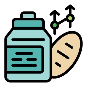 Protein shake bottle with bread and growing chart icon showing muscle gain concept vector