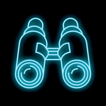 Glowing neon blue binoculars icon on a black background vector