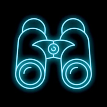Glowing neon binoculars icon for travel and tourism marketing vector