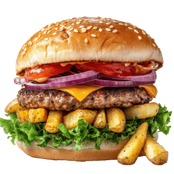 Juicy cheeseburger with fresh toppings and fries png