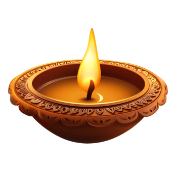 Artful clay diya with flickering flame png