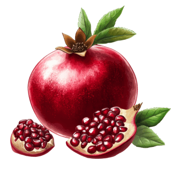 Fresh pomegranate with seeds beside green leaves png