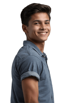 A young man in a blue shirt smiling png
