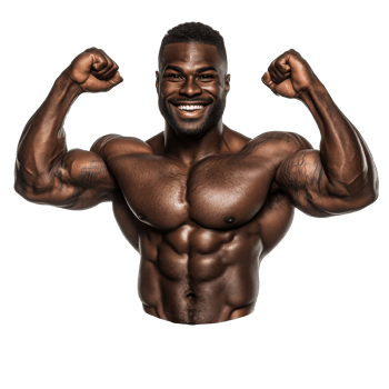 A strong athlete flexing muscles with a big smile png
