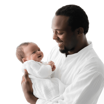 Dad joyfully cradles smiling newborn png