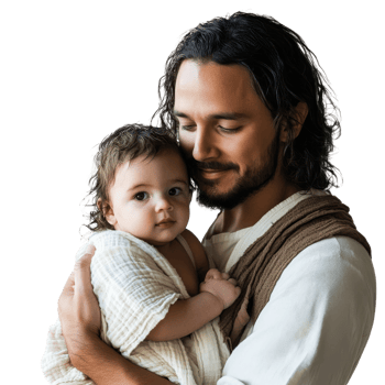 A father gently holds his baby in a warm embrace png