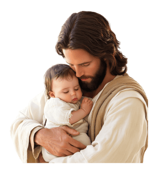 Jesus holding a baby in a peaceful embrace png