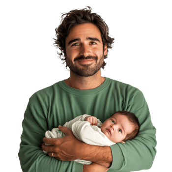Father cradling newborn baby with a smile indoors png