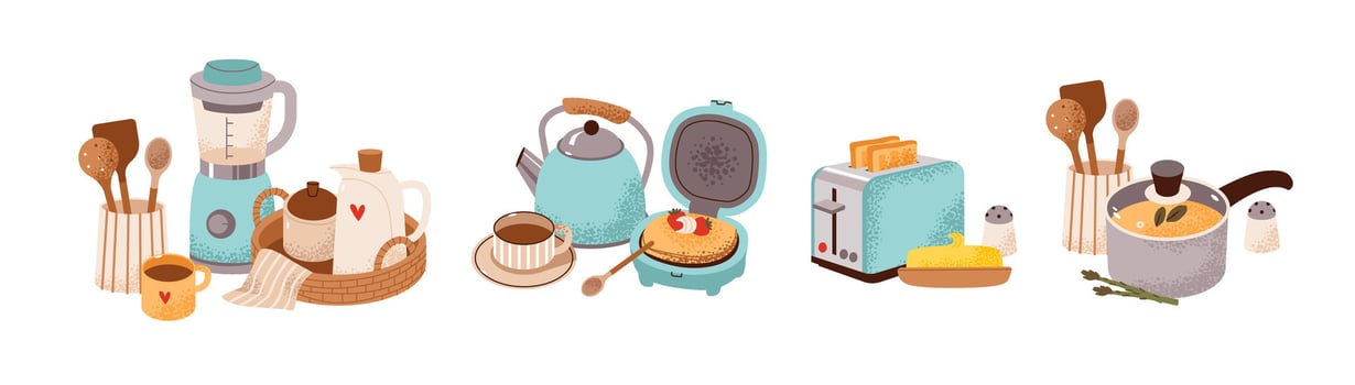 Kitchenware and appliances for a cozy breakfast scene. Kitchen tools and cookware. Culinary essentials. Flat illustration vector
