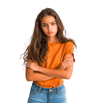 Sad girl with crossed arms indoors png