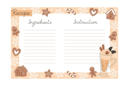 Blank recipe card for Christmas cookies with gingerbread, snowflakes, and a spiced latte illustration vector