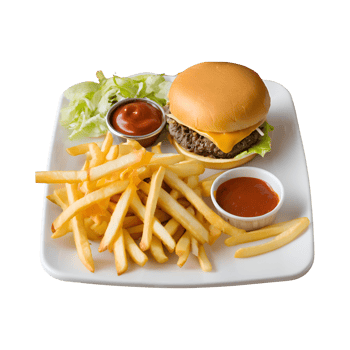 A plate with a burger and fries on it png