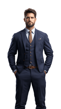Businessman in dark blue suit with hands in pockets on transparent background png