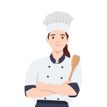 Young woman chef with kitchen utensils, ready to cook and serve. vector