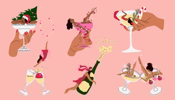 Set of women is sitting in a martini glass. Happy new years vector