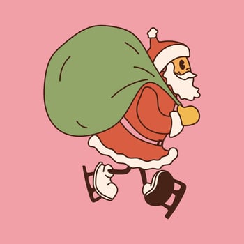 Retro Santa Claus with a bag of presents on his back character in skates. 40s, 50s, 60s old animation style. Christmas mascot vector