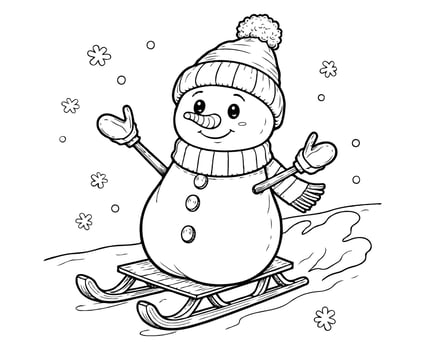 Coloring page illustration. Cute snowman on sled. vector