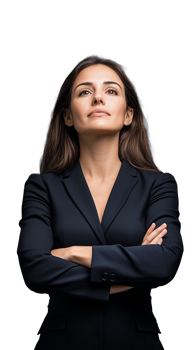 Woman in black blazer with arms crossed, looking upwards on transparent background png