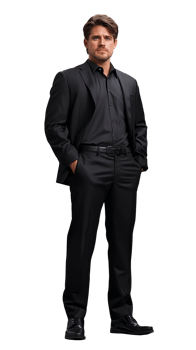 Confident man in black suit with hands in pockets on transparent background png