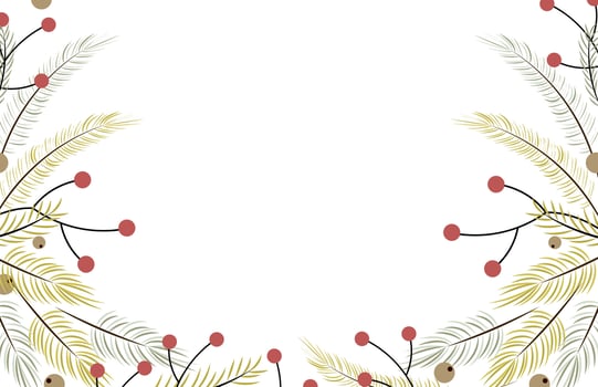 Winter background with fir tree branches, pine and berries. Holiday design, post template, social media. Poster, banner with place for text. vector