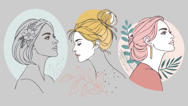 Three female fashion models with different hairstyles and make up are posing in profile, showcasing beauty and style trends vector