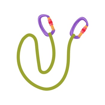 Climbing rope with carabiners in flat design. Alpinism protection harness. illustration isolated. vector