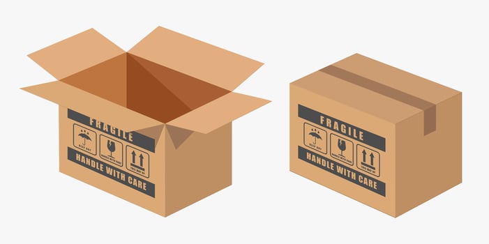 Realistic Open cardboard box mockup icon symbol. Empty blank Shipping delivery carton box. Fragile icons. set of boxes illustration image. Isolated on white background. vector