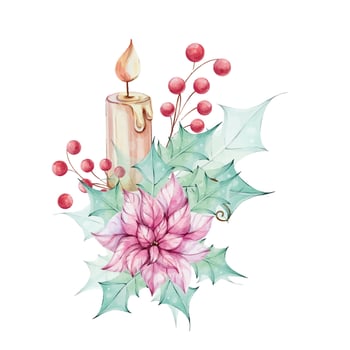 Watercolor christmas candle with fir, red poinsettia flowers and berries, holly green leaves. Hand painted compositions. Winter holiday decoration in retro, vintage style. Hand drawn illustration. clip art vector