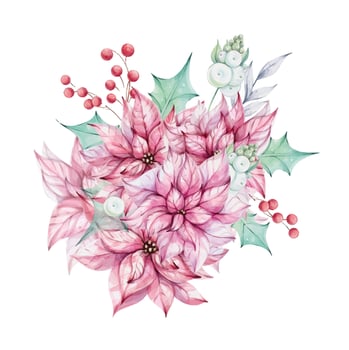 Christmas watercolor Red poinsettia flowers bouquet, compositions with holly green leaves and mistletoe, red berries. Winter composition, decor. December nature. Illustration hand drawn for design, printing, greeting cards. clip art vector