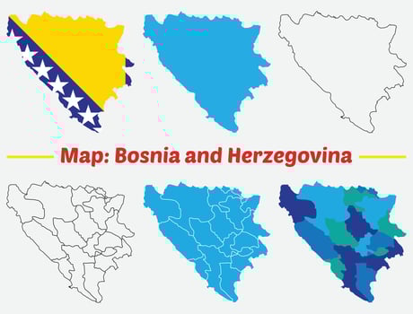 Bosnia and Herzegovina country map set. internal provinces borders marked, Simple map of Bosnia and Herzegovina drawing, Filled and outline. vector