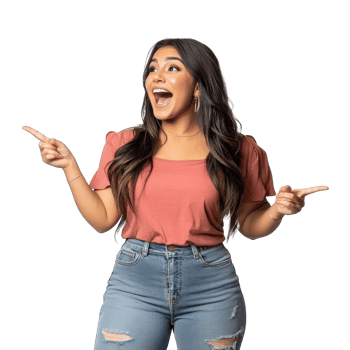 Young woman joyfully pointing in a bright setting png