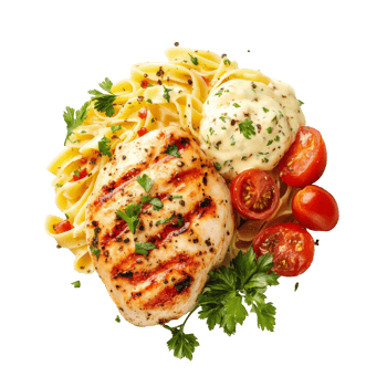 Grilled chicken pasta with tomato salad png