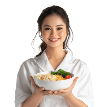 Woman with a bowl of veggies and noodles png