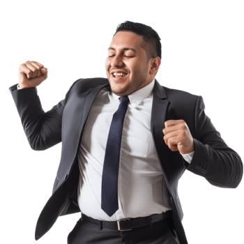 A man in a suit joyfully celebrating indoors png