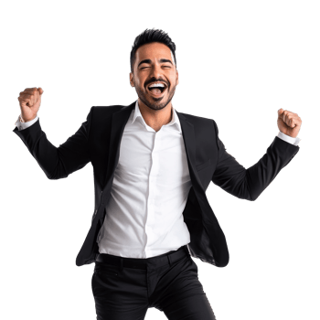 Man celebrating joyfully in formal attire indoors png