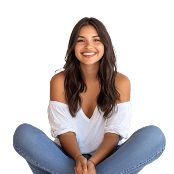 Young woman smiling while sitting in casual attire png